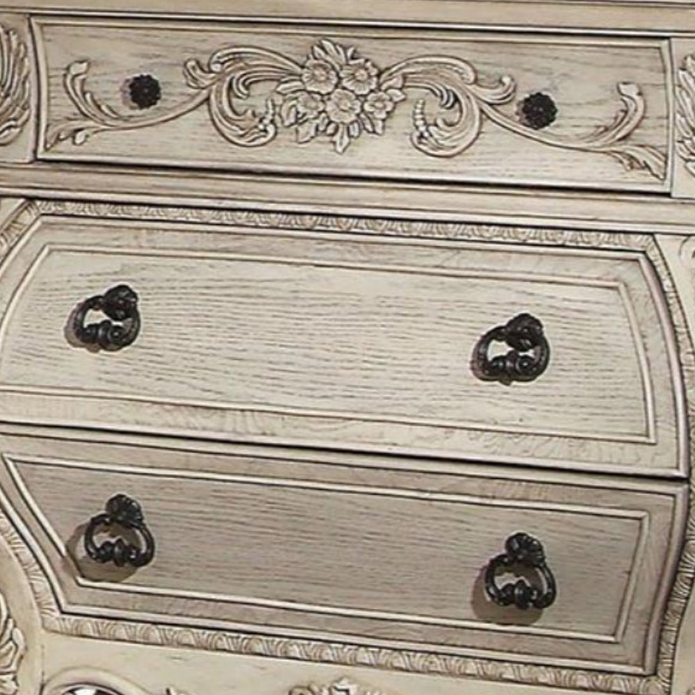 Three Drawer Wooden Nightstand With Scrolled Feet, Antique White - BM185484