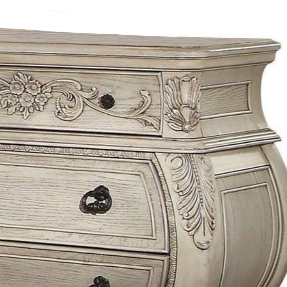 Three Drawer Wooden Nightstand With Scrolled Feet, Antique White - BM185484