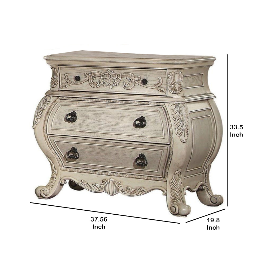 Three Drawer Wooden Nightstand With Scrolled Feet, Antique White - BM185484