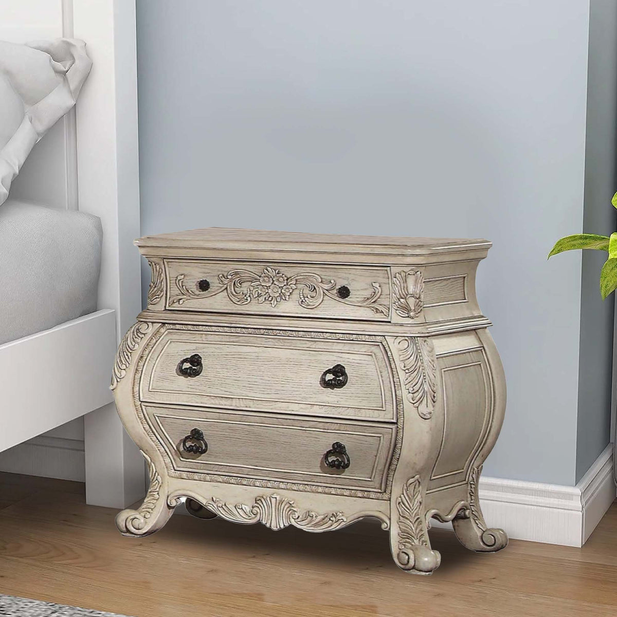 Three Drawer Wooden Nightstand With Scrolled Feet, Antique White - BM185484