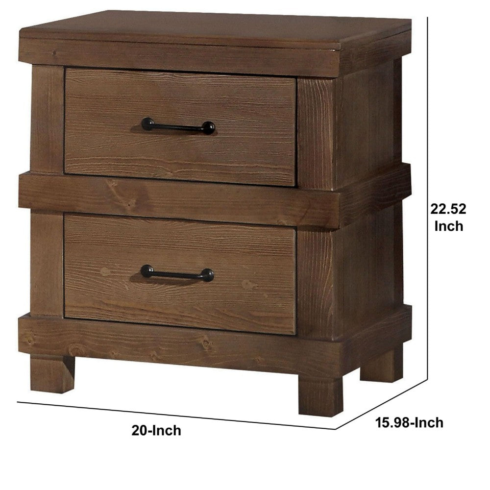 BM185505 Two Drawer Nightstand With Metal Handle, Antique Oak
