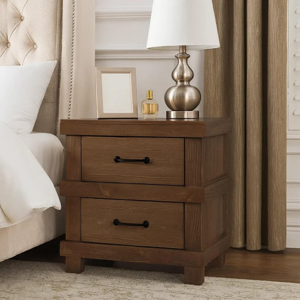 BM185505 Two Drawer Nightstand With Metal Handle, Antique Oak