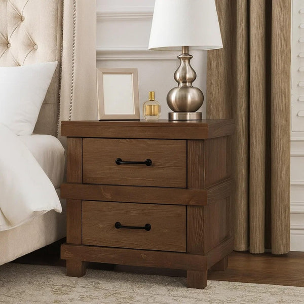 BM185505 Two Drawer Nightstand With Metal Handle, Antique Oak