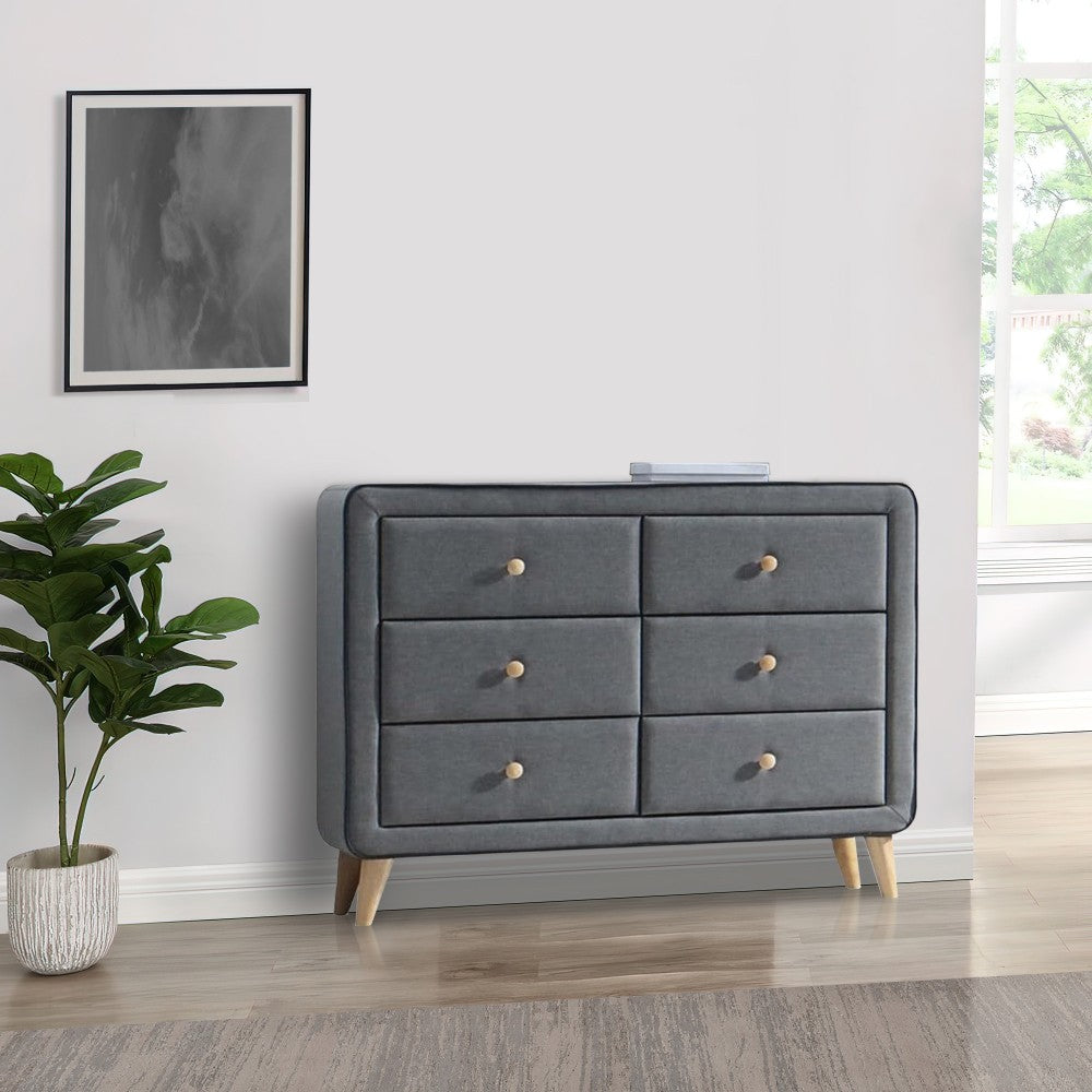 BM185688 Transitional Style Wood and Fabric Upholstery Dresser with 6 Drawers, Gray