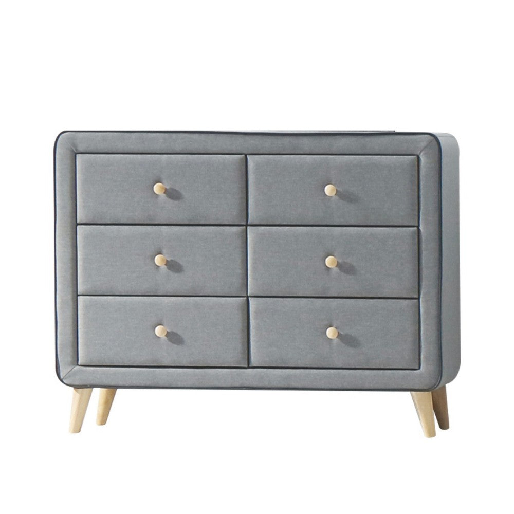 BM185688 Transitional Style Wood and Fabric Upholstery Dresser with 6 Drawers, Gray