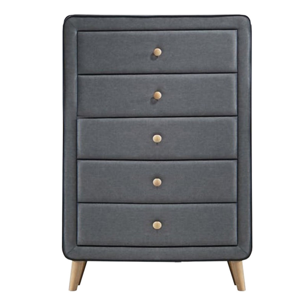 BM185689 Transitional Style Wood and Fabric Upholstery Chest with 5 Drawers, Gray