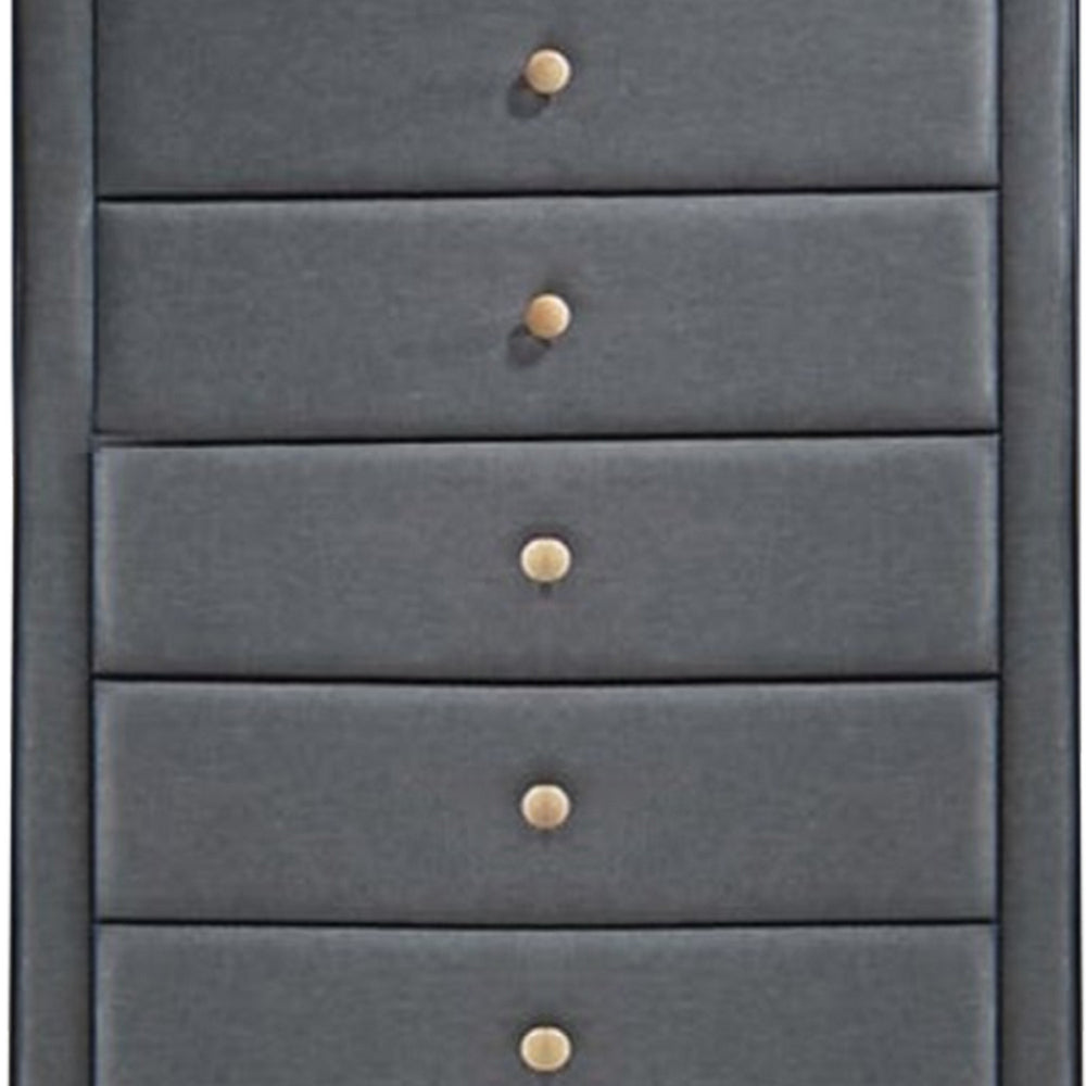 BM185689 Transitional Style Wood and Fabric Upholstery Chest with 5 Drawers, Gray