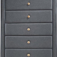 BM185689 Transitional Style Wood and Fabric Upholstery Chest with 5 Drawers, Gray