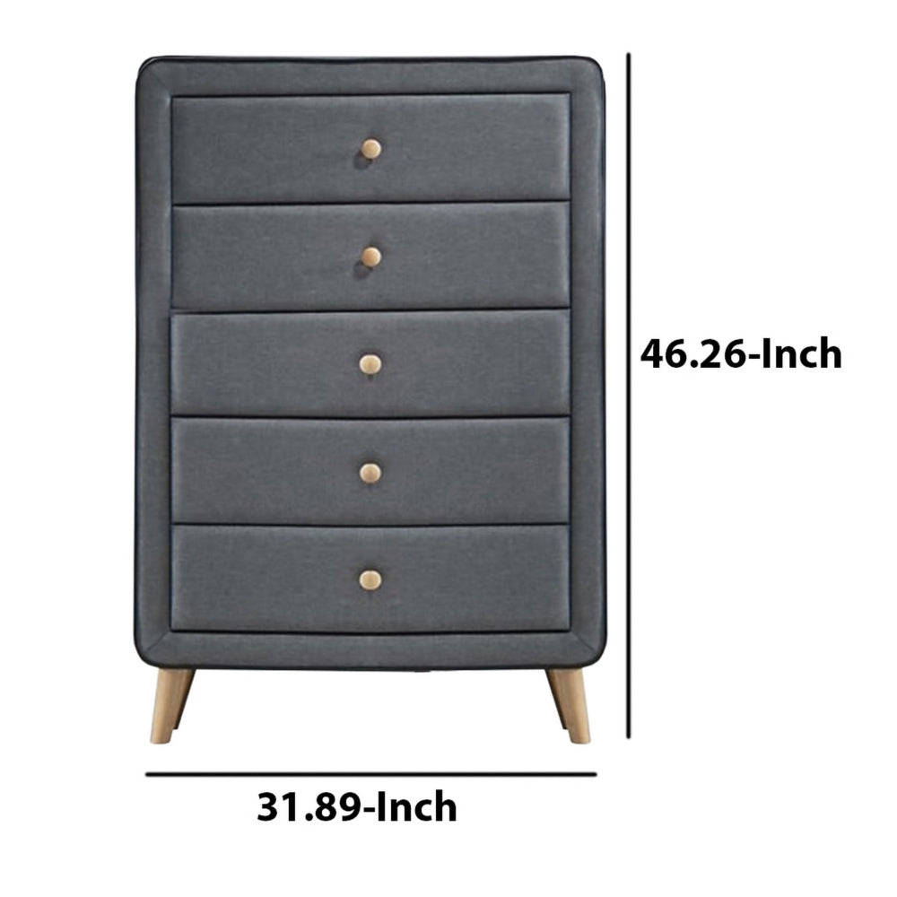 BM185689 Transitional Style Wood and Fabric Upholstery Chest with 5 Drawers, Gray