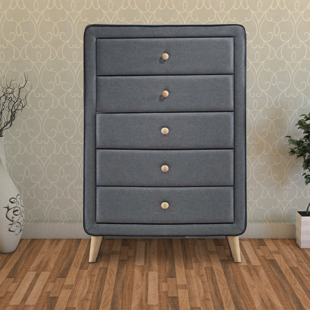 BM185689 Transitional Style Wood and Fabric Upholstery Chest with 5 Drawers, Gray