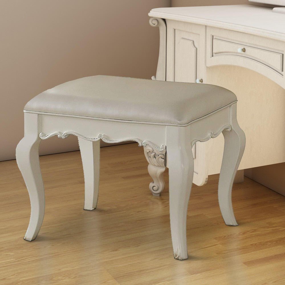 BM185705 Traditional Style Wood and Leatherette Vanity Stool with Padded Seat, White