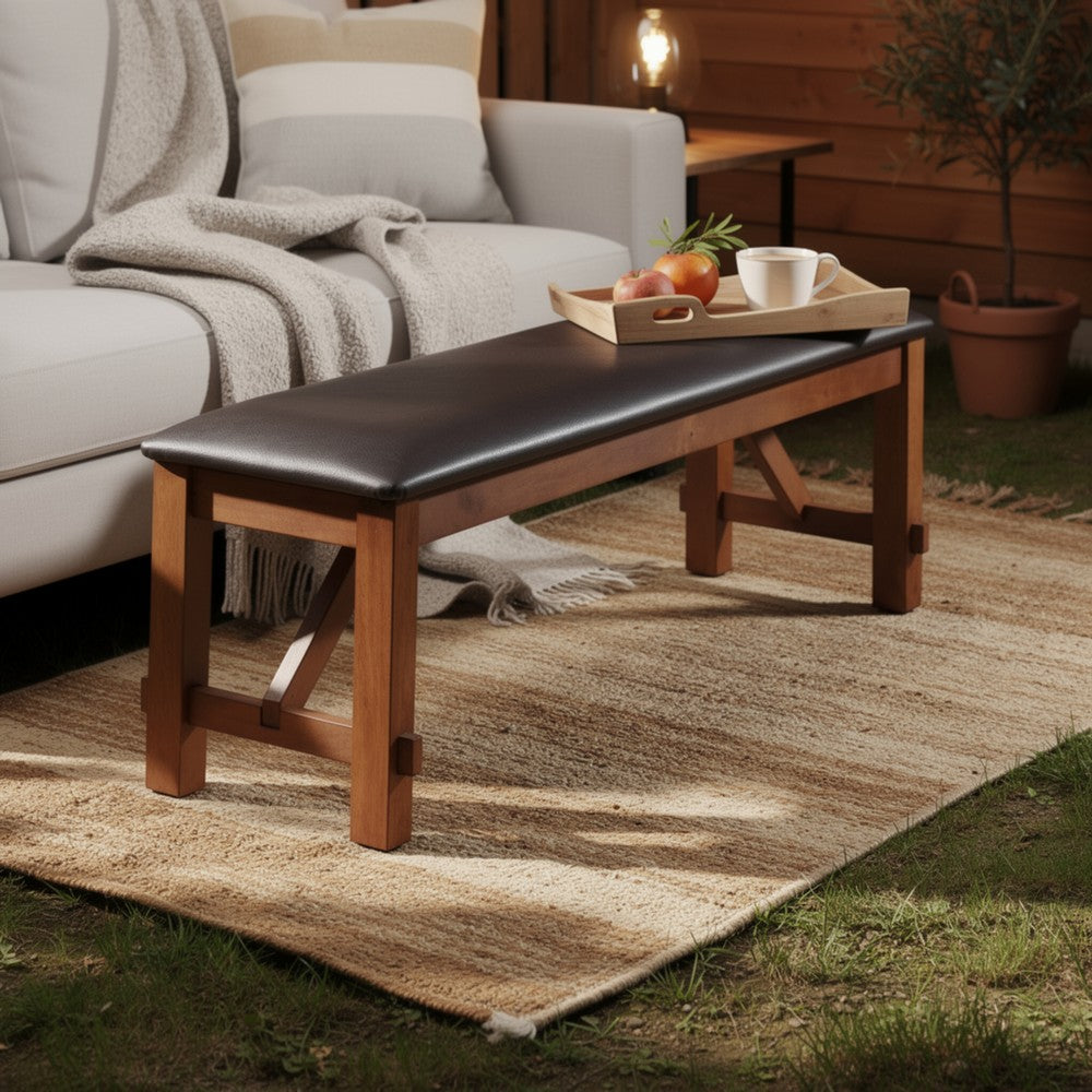 Leatherette Rectangular Shaped Bench with Block Legs, Black and Brown - BM185755