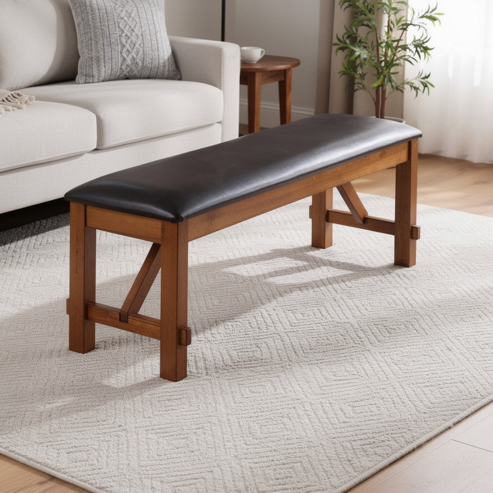 Leatherette Rectangular Shaped Bench with Block Legs, Black and Brown - BM185755
