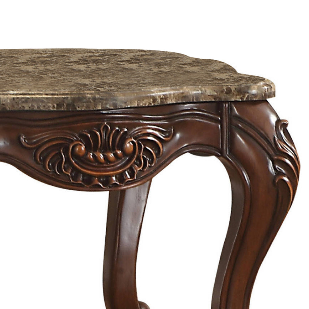 Marble Top End Table With Motif Engraved Cabriole Legs, Brown - BM185779