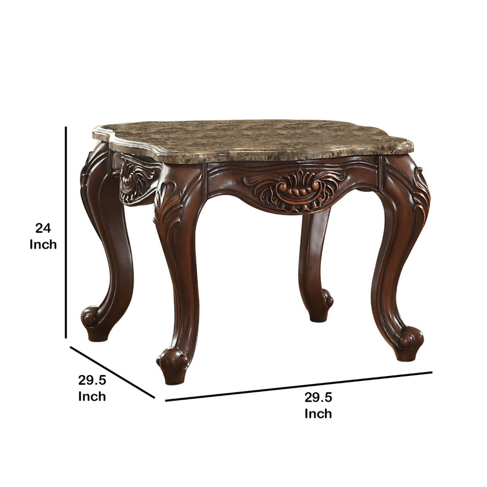 Marble Top End Table With Motif Engraved Cabriole Legs, Brown - BM185779