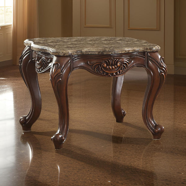 Marble Top End Table With Motif Engraved Cabriole Legs, Brown - BM185779