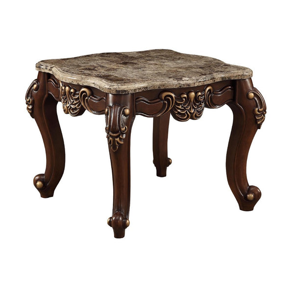 Square Marble Top End Table With Carved Floral Motifs Wooden Feet, Brown - AMF-81697