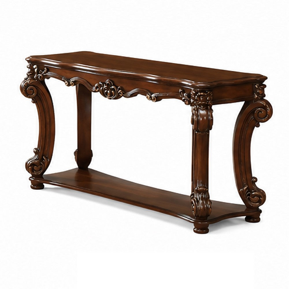 BM185792 Rectangular Sofa Table With Scrolled Leg And Bottom Shelf, Cherry Brown