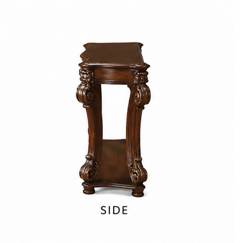 BM185792 Rectangular Sofa Table With Scrolled Leg And Bottom Shelf, Cherry Brown