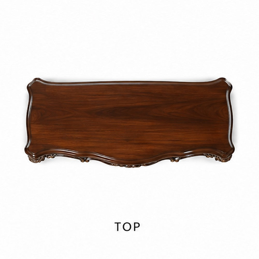 BM185792 Rectangular Sofa Table With Scrolled Leg And Bottom Shelf, Cherry Brown