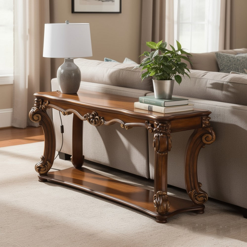 BM185792 Rectangular Sofa Table With Scrolled Leg And Bottom Shelf, Cherry Brown