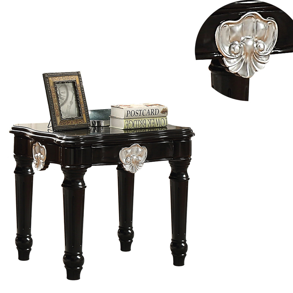 BM185794 Wooden End Table With Contrast Carved Motif Turned Legs, Black