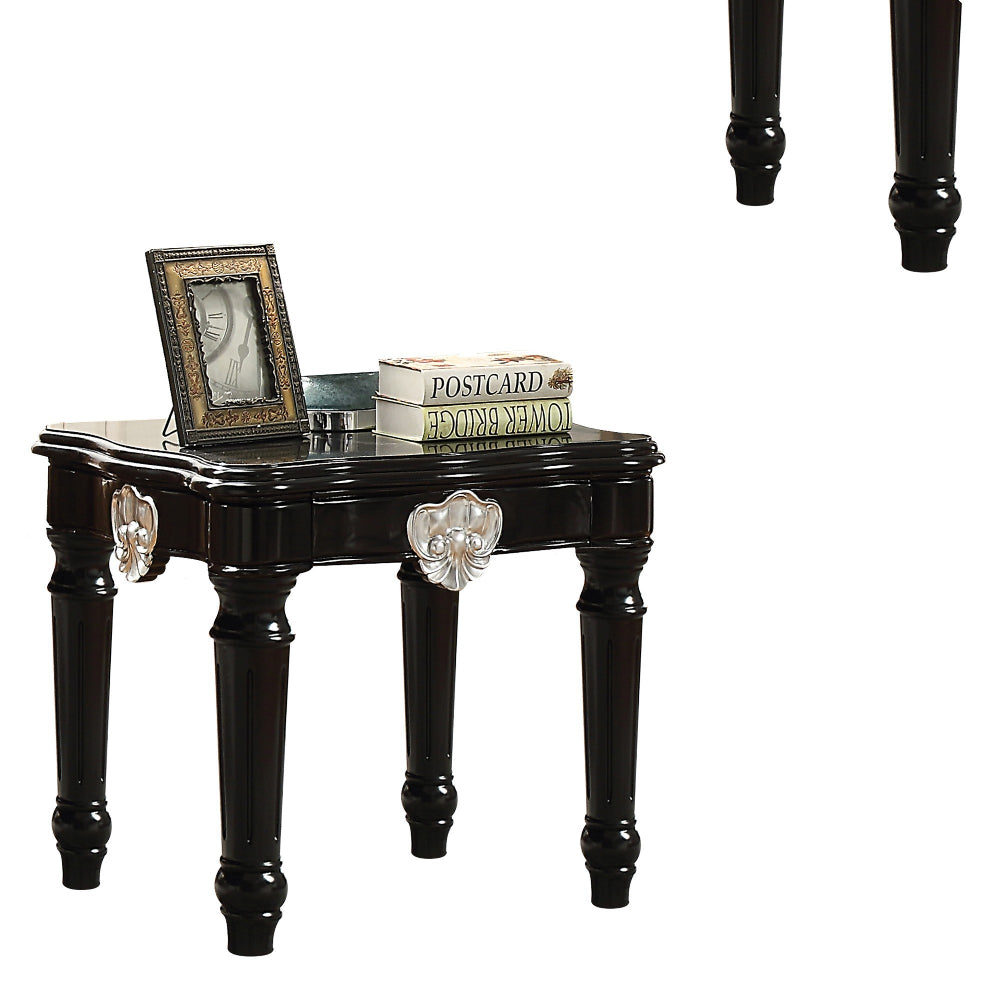 BM185794 Wooden End Table With Contrast Carved Motif Turned Legs, Black