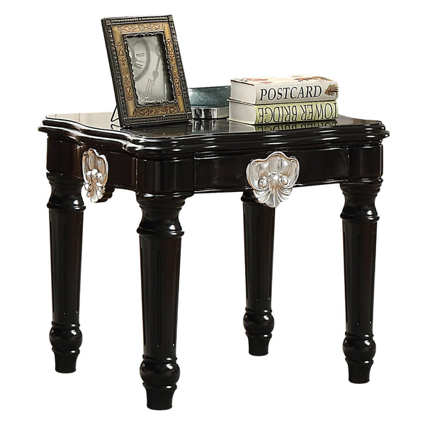 BM185794 Wooden End Table With Contrast Carved Motif Turned Legs, Black