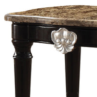 Marble Top End Table With Contrast Carved Motif Turned Wood Legs, Black - AMF-82152