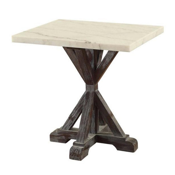 Marble Top End Table With Wooden Tri Pod Base, White And Espresso Brown - AMF-84547