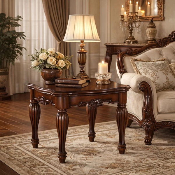 BM185843 Wooden End Table with Carved Details, Cherry Brown