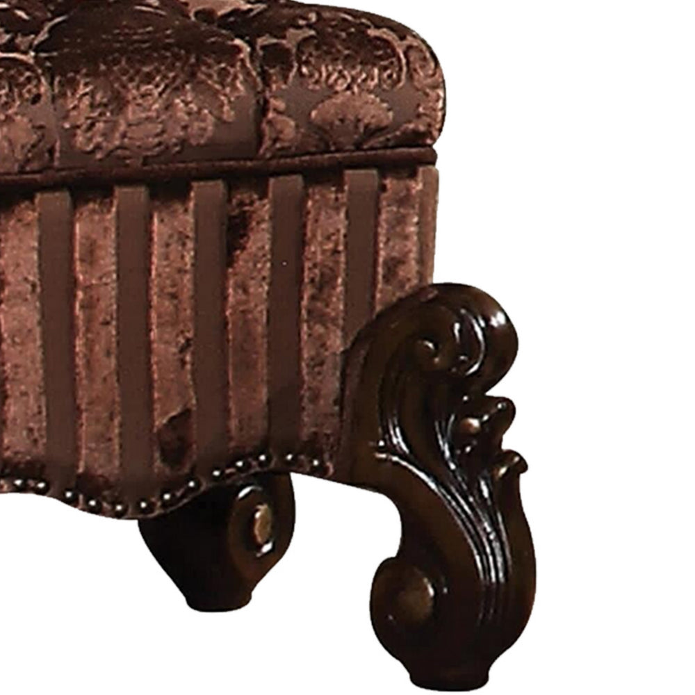 BM185873 Tufted Fabric Upholstered Wooden Vanity Stool with Scrolled Legs, Cherry Oak brown