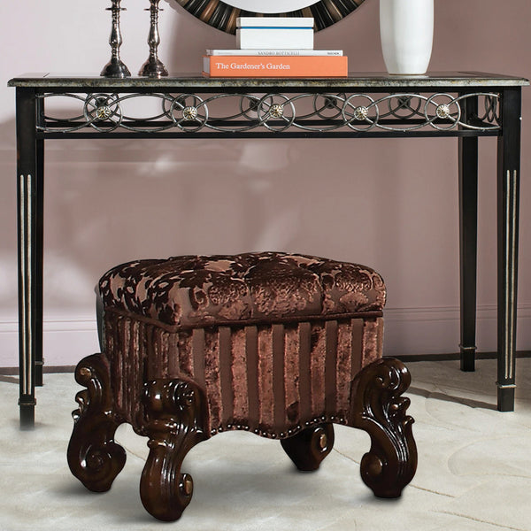 BM185873 Tufted Fabric Upholstered Wooden Vanity Stool with Scrolled Legs, Cherry Oak brown