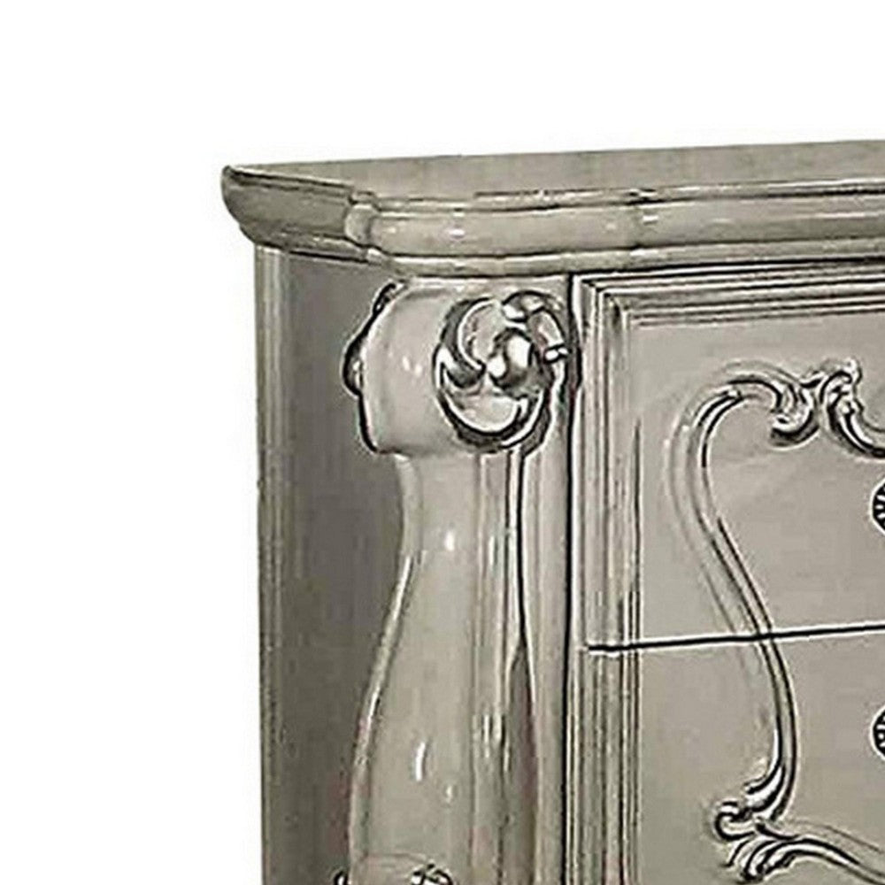 BM185874 Two Drawers Wooden Nightstand with Carved Details, Bone White