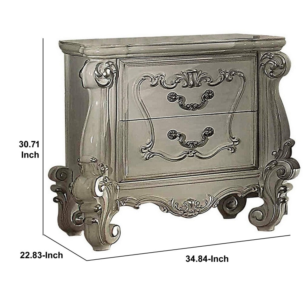 BM185874 Two Drawers Wooden Nightstand with Carved Details, Bone White