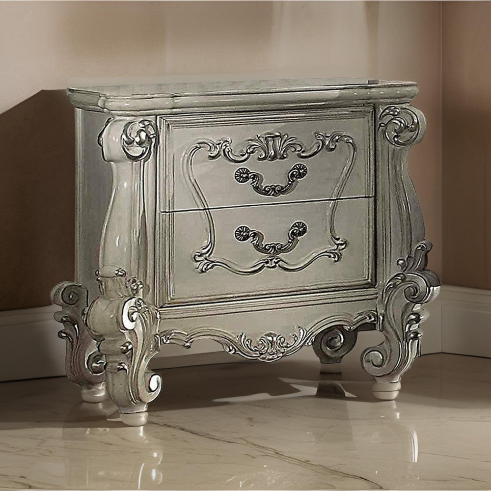 BM185874 Two Drawers Wooden Nightstand with Carved Details, Bone White