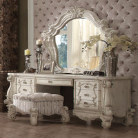 Tufted Fabric Upholstered Wooden Vanity Stool with Scrolled Legs, Bone White - AMF-21138