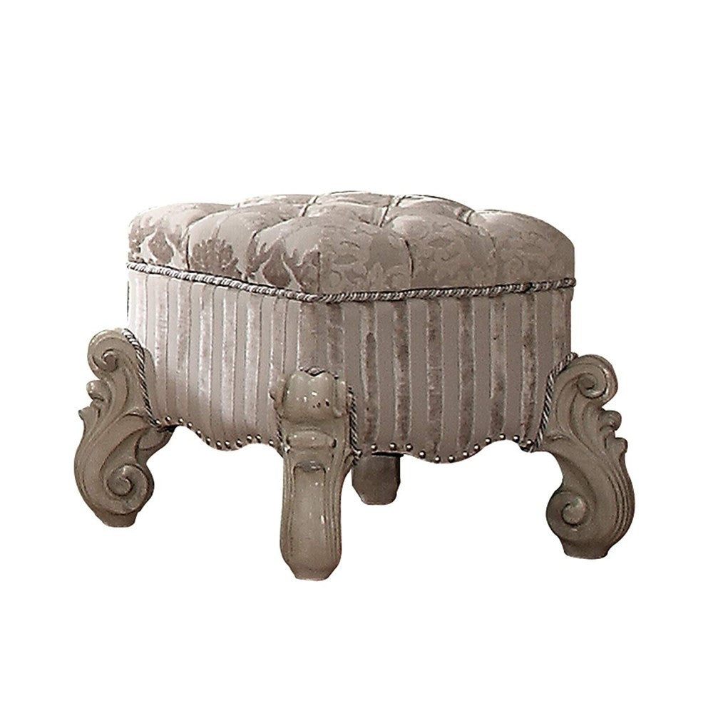 Tufted Fabric Upholstered Wooden Vanity Stool with Scrolled Legs, Bone White - AMF-21138
