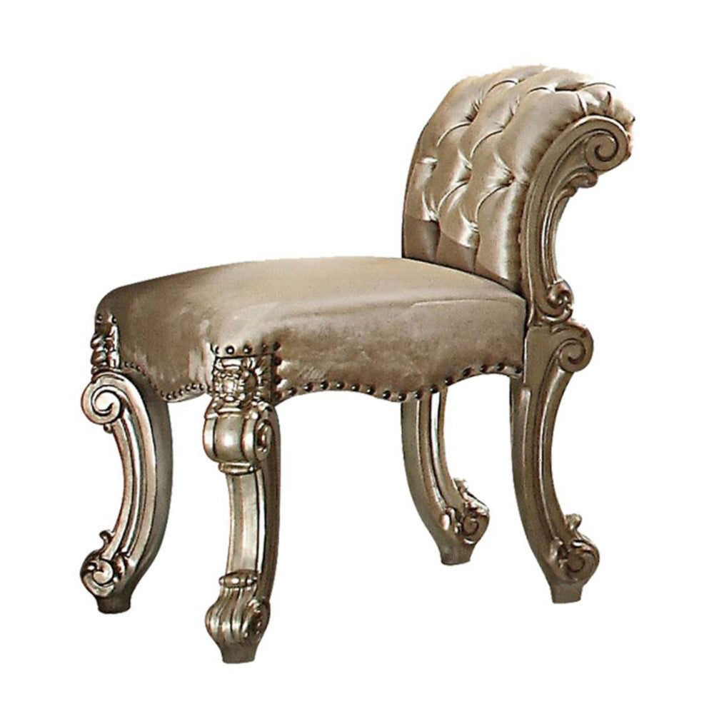 Nailhead Trim Leatherette Vanity Stool with Scrolled Legs, Champagne Gold - BM185905