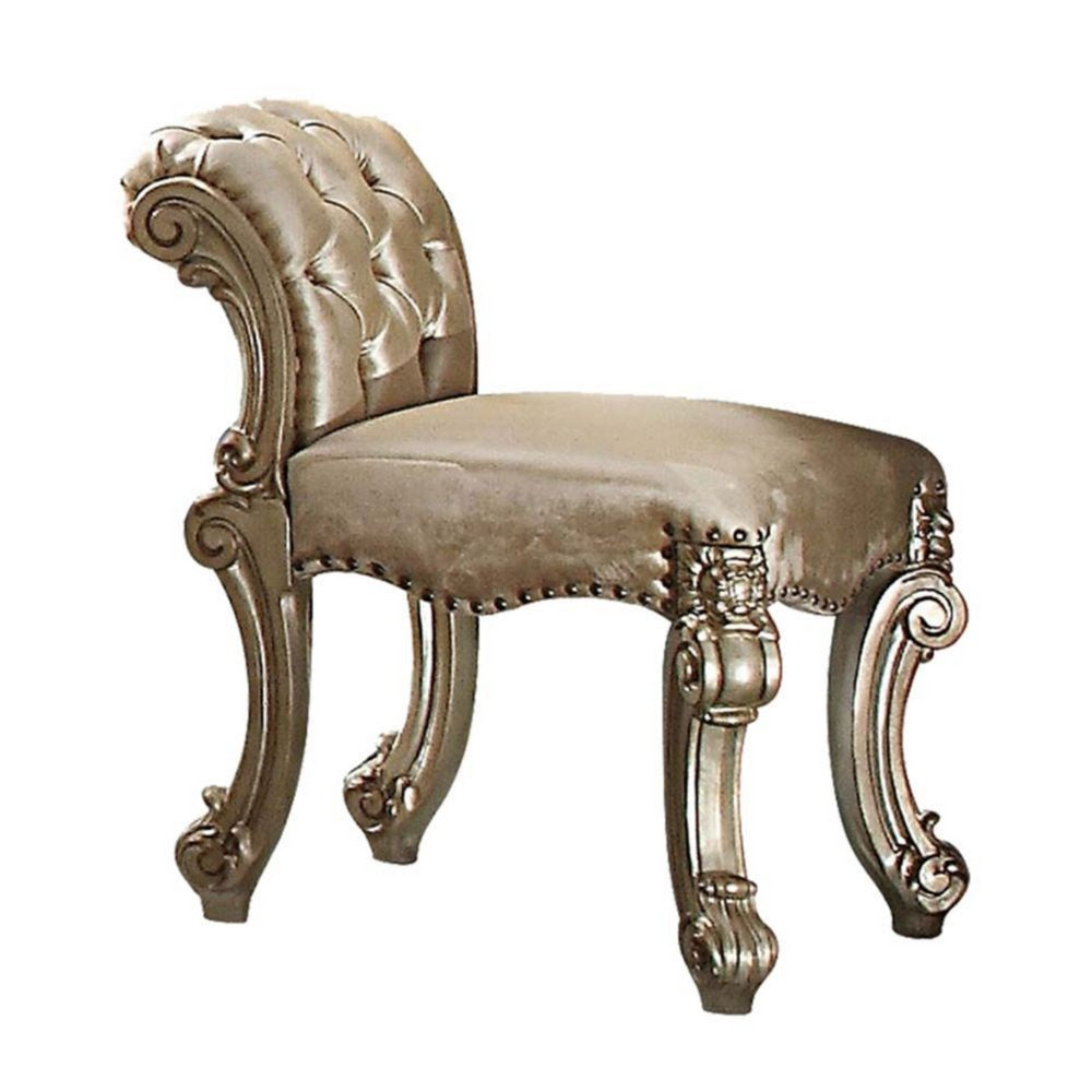 Nailhead Trim Leatherette Vanity Stool with Scrolled Legs, Champagne Gold - BM185905