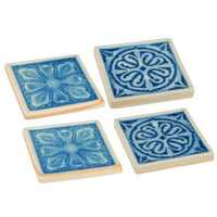 Square Shaped Ceramic Coaster with Intricate Detail, Blue and Cream, Set of Four