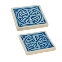 Square Shaped Ceramic Coaster with Intricate Detail, Blue and Cream, Set of Four