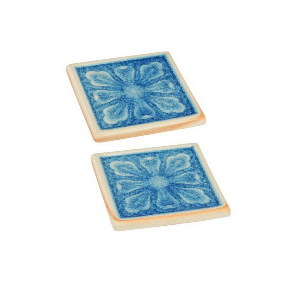 Square Shaped Ceramic Coaster with Intricate Detail, Blue and Cream, Set of Four