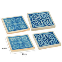 Square Shaped Ceramic Coaster with Intricate Detail, Blue and Cream, Set of Four