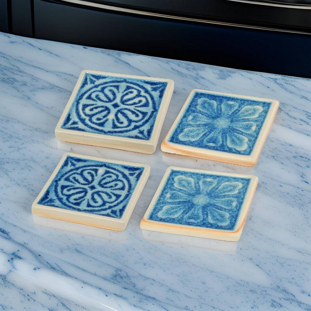 Square Shaped Ceramic Coaster with Intricate Detail, Blue and Cream, Set of Four