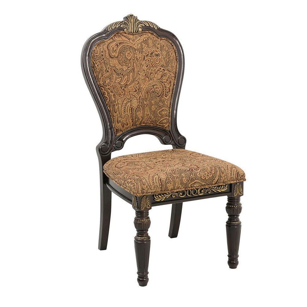 Wooden Tuscan Style Side Chair With Fabric Upholstery, Set of 2, Cherry Brown  - BM186013