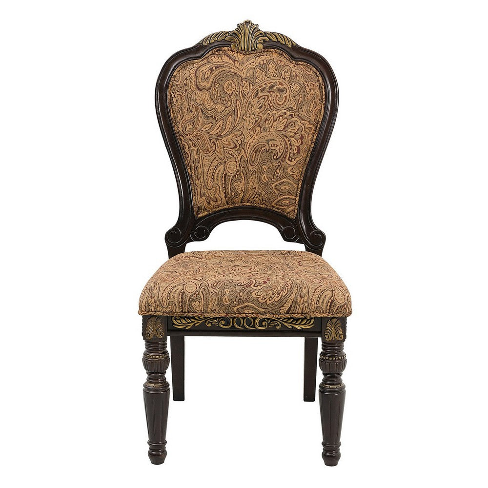 Wooden Tuscan Style Side Chair With Fabric Upholstery, Set of 2, Cherry Brown  - BM186013