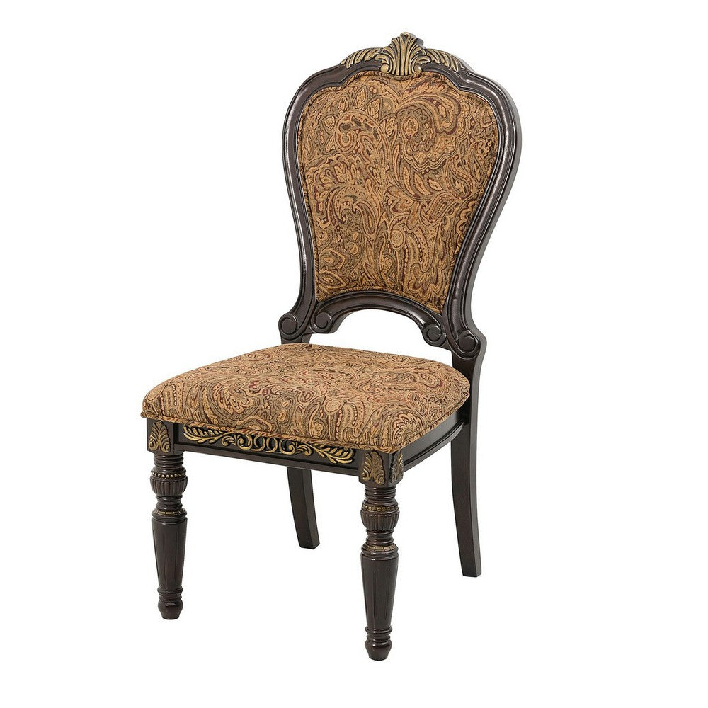 Wooden Tuscan Style Side Chair With Fabric Upholstery, Set of 2, Cherry Brown  - BM186013