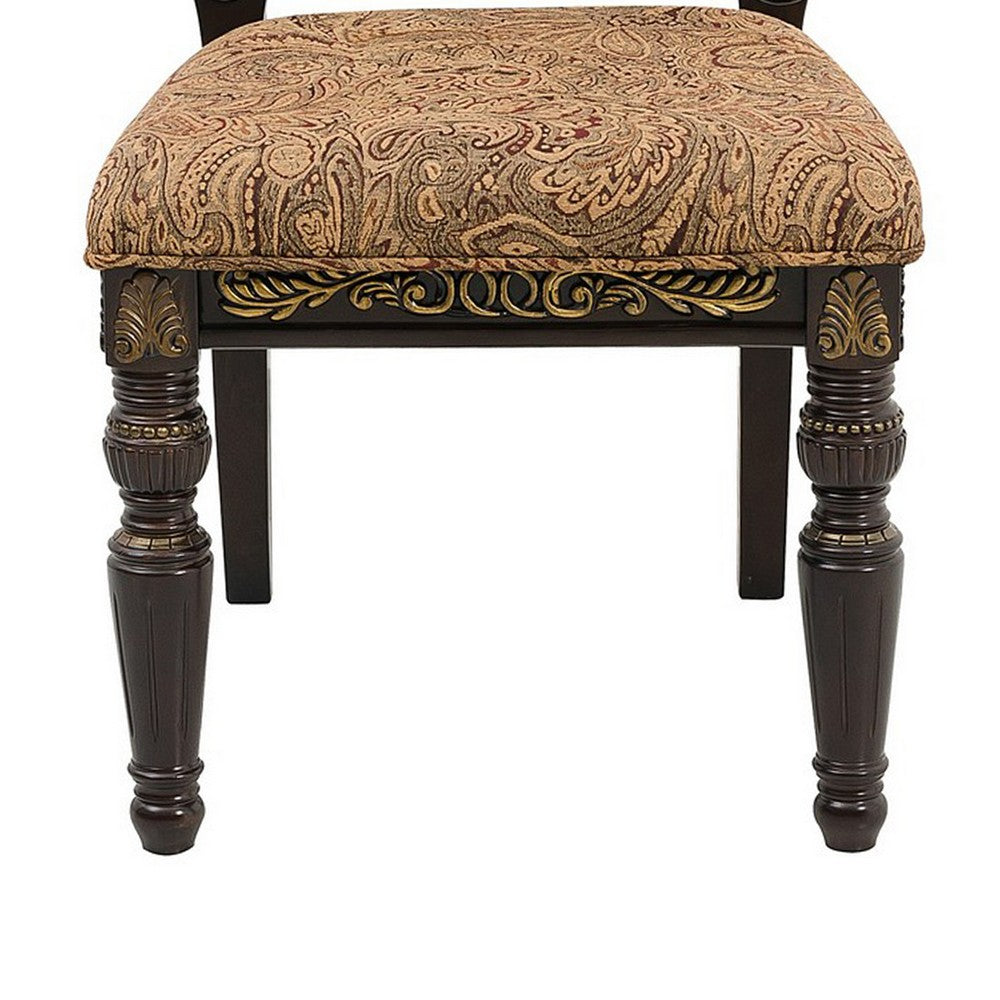 Wooden Tuscan Style Side Chair With Fabric Upholstery, Set of 2, Cherry Brown  - BM186013