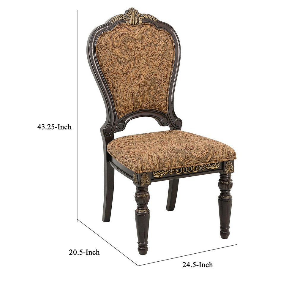 Wooden Tuscan Style Side Chair With Fabric Upholstery, Set of 2, Cherry Brown  - BM186013